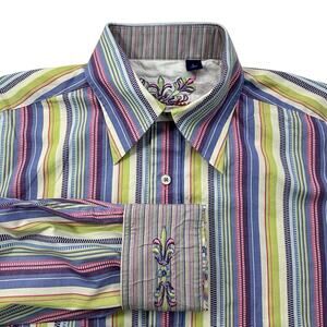 Robert Graham Men's L Large Embroidered Multicolored Striped Button-Down Shirt‎